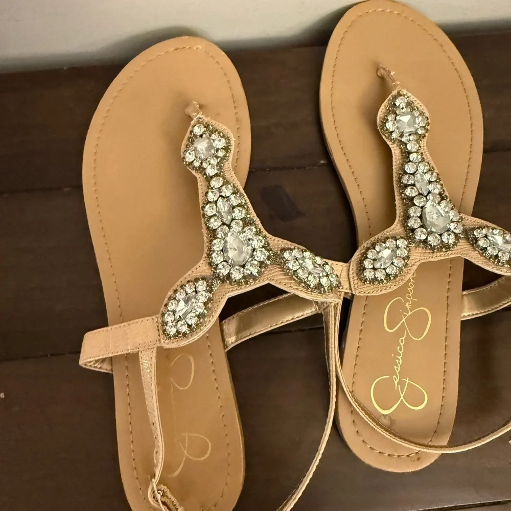 Jessica Simpson Tan Crystal T-Strap Sandals